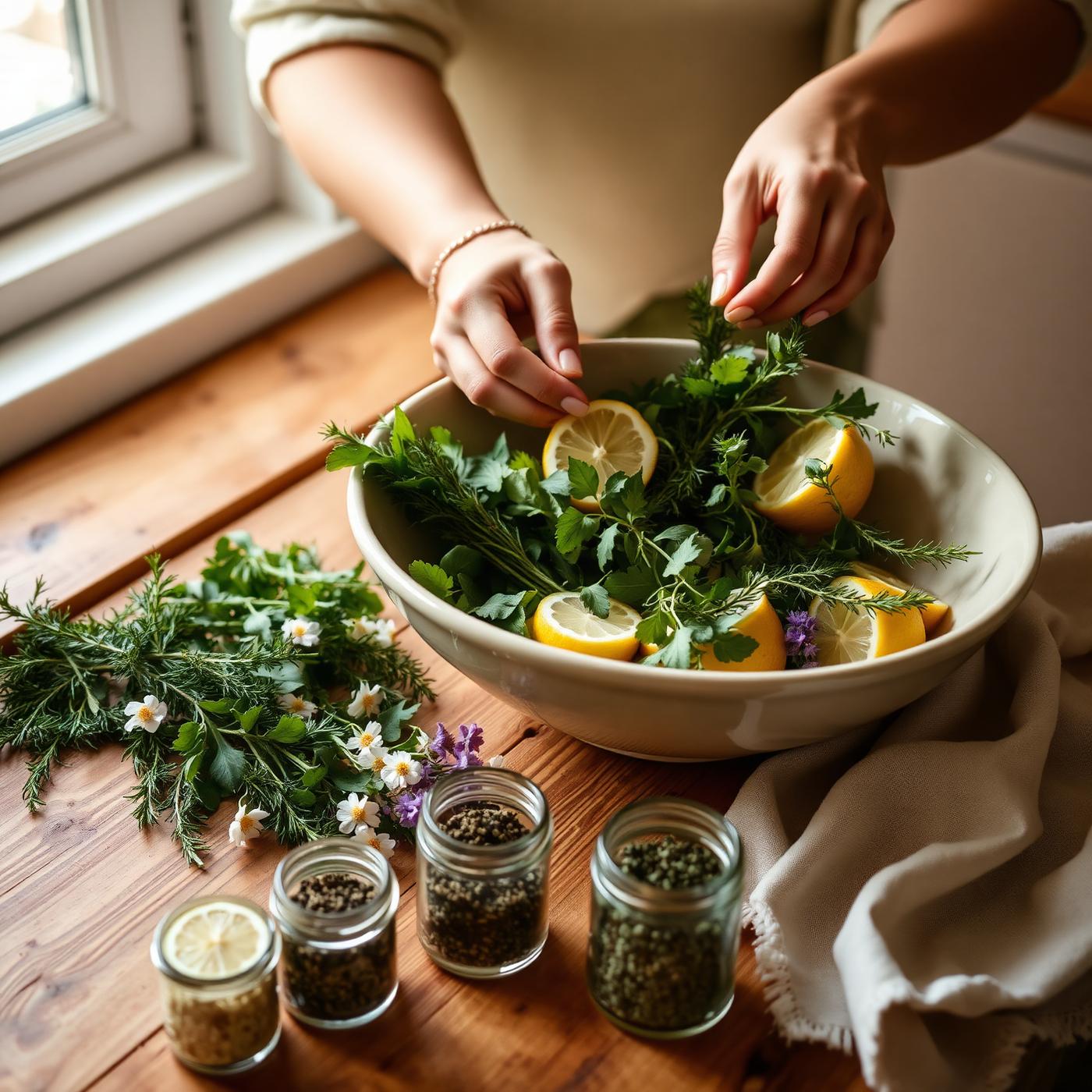 Hands arranging fresh herbs, lemons, and greens in a large ceramic bowl by a sunlit window