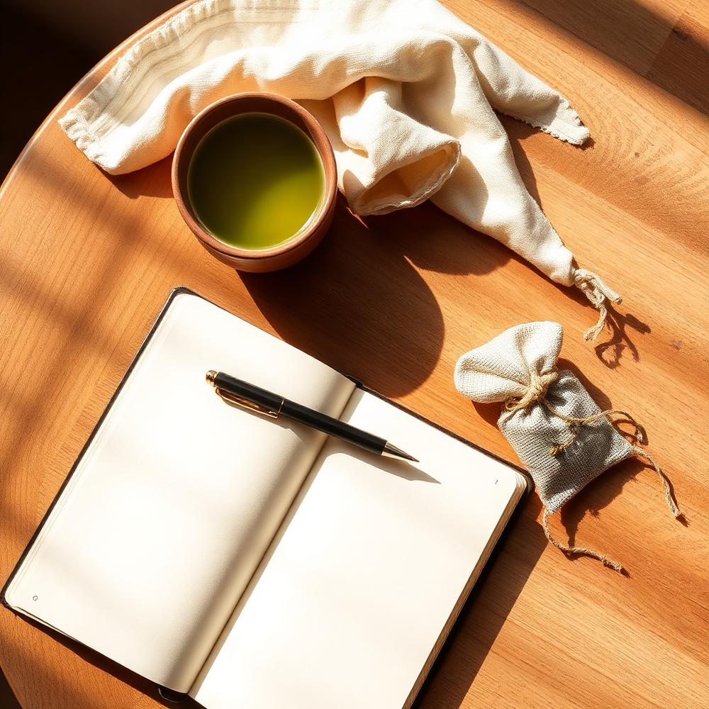 Open notebook and warm tea on a sunlit wooden table
