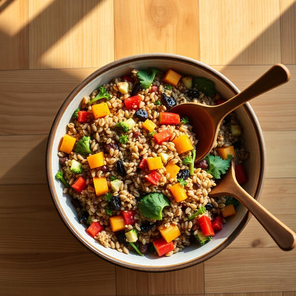A colorful grain and vegetable salad served in a shared ceramic bowl