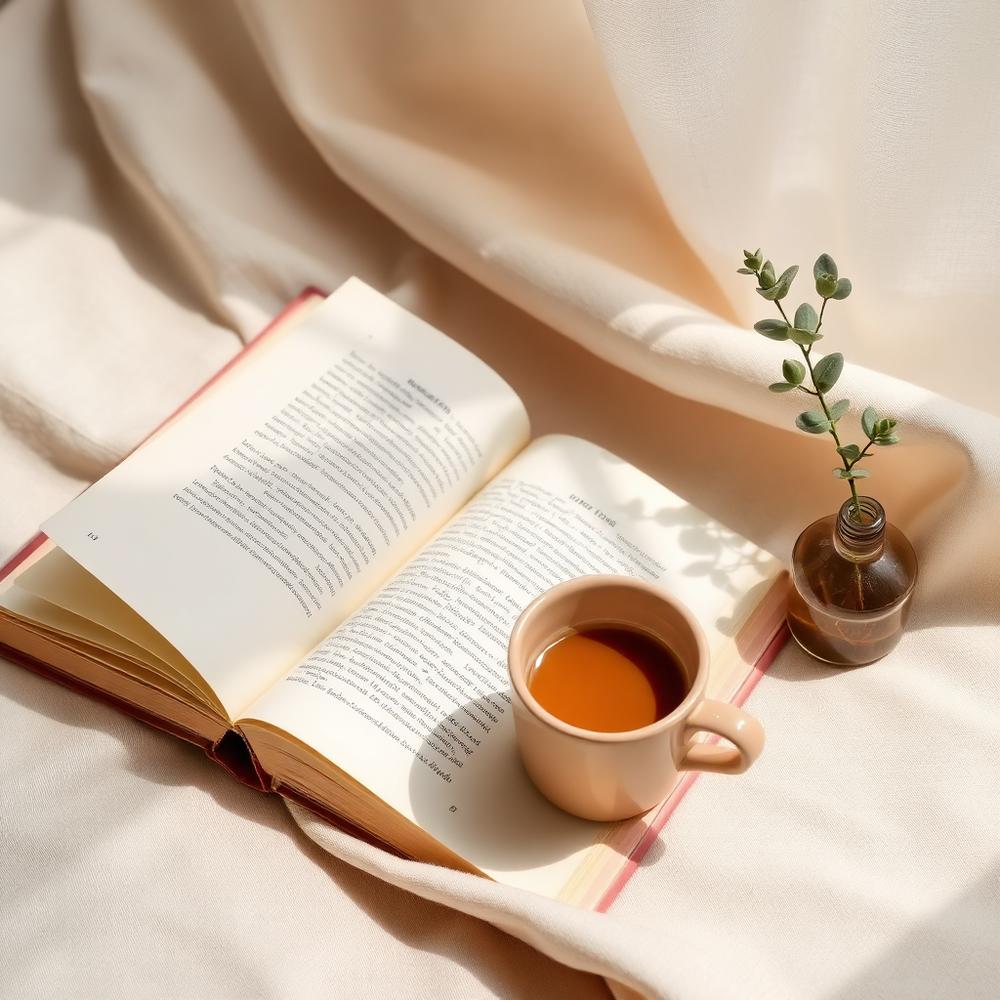 An open book on a linen cloth beside a cup of tea