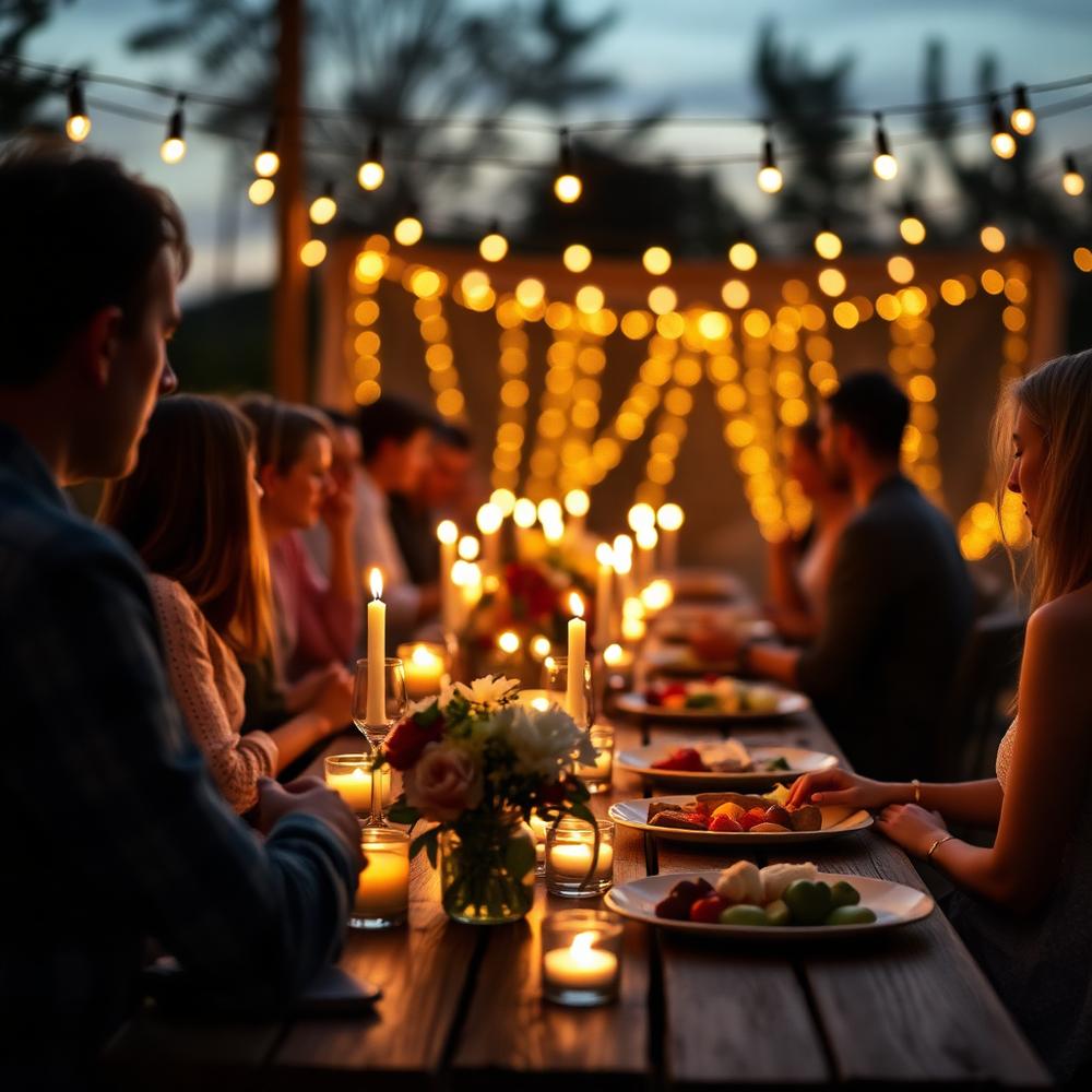 A candlelit shared table gathering at dusk