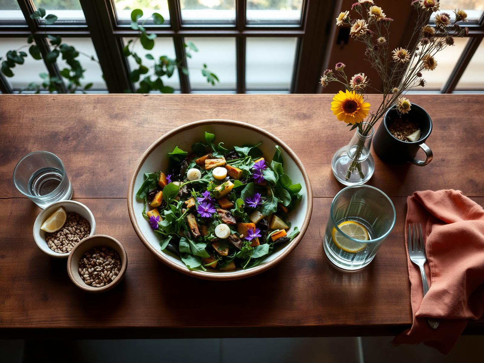 A sunlit shared table with a bowl of seasonal salad, wildflowers, and water in warm afternoon light