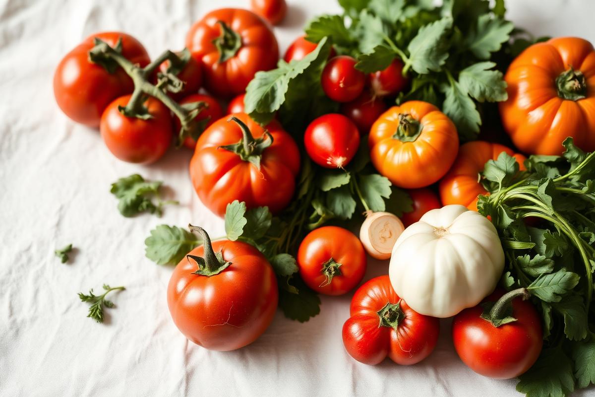 Seasonal heirloom tomatoes and greens on cream linen