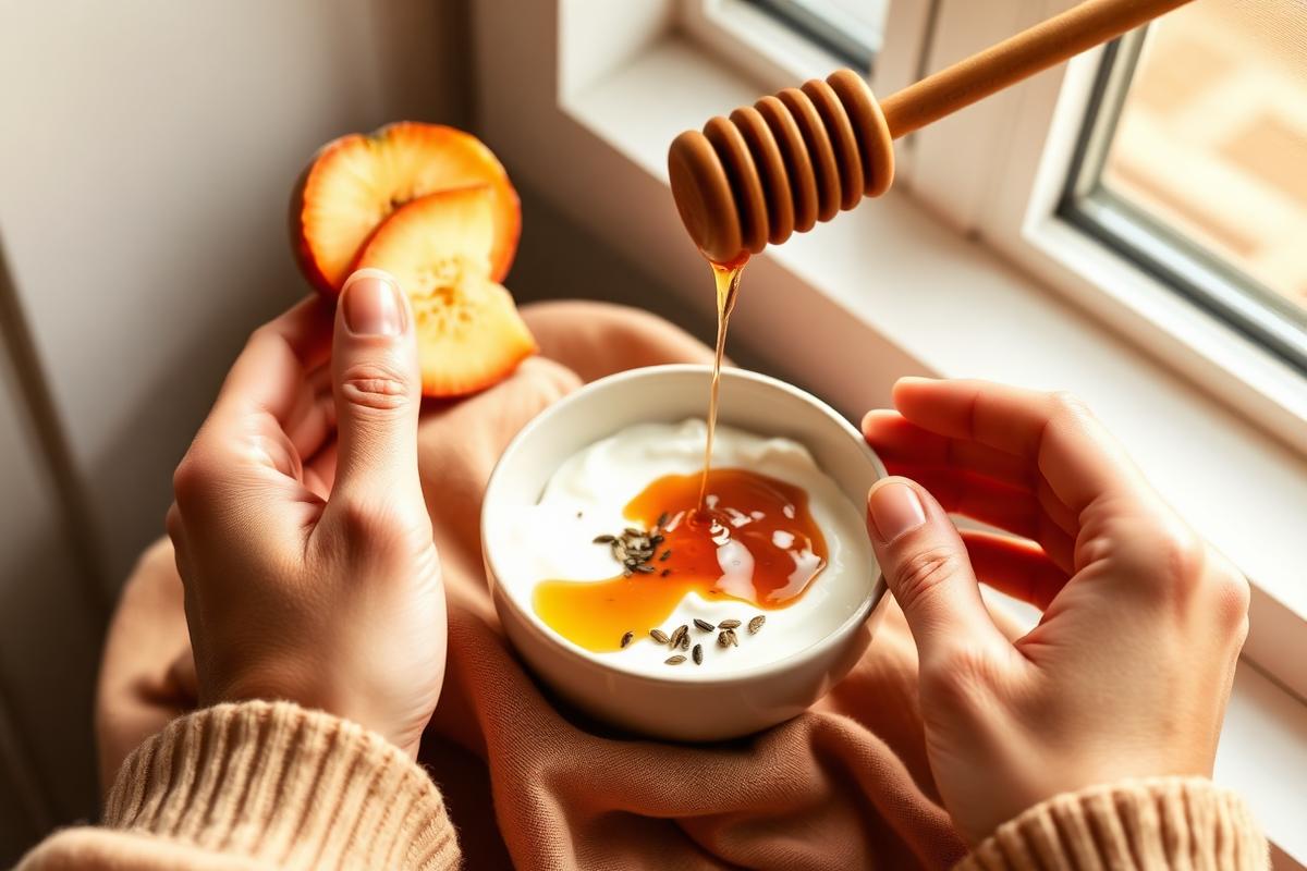 Hands preparing a small breakfast of yogurt, fruit, and honey