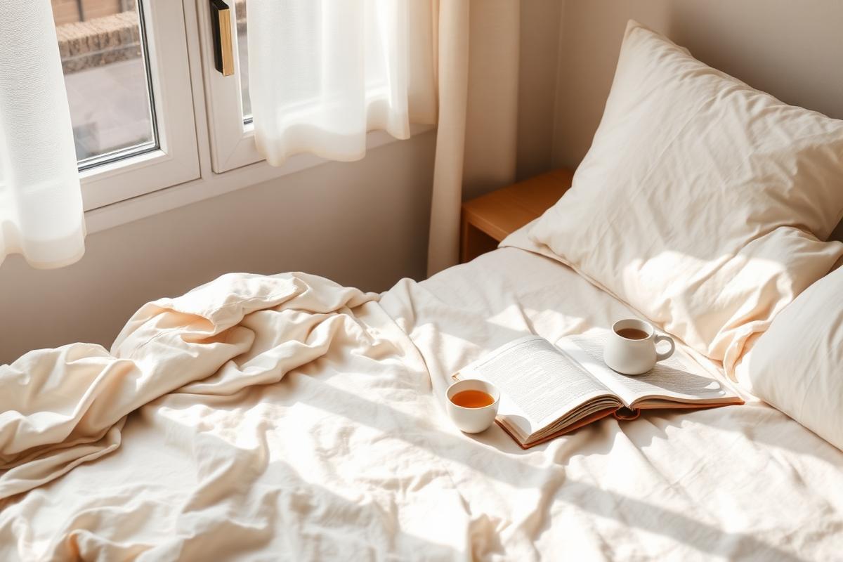 A sunlit rumpled bed with a cup of tea and an open journal