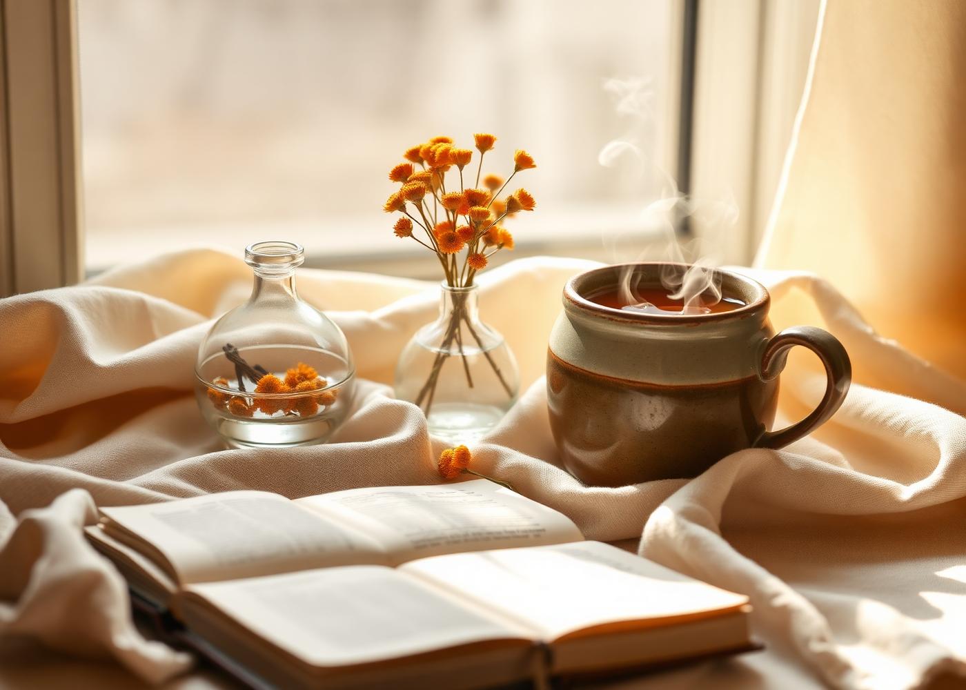 A ceramic mug of tea, an open journal, and a small vase of dried flowers in soft morning light