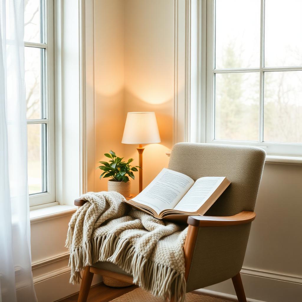 A lived-in reading chair beside a bright window with a folded blanket, warm lamp, and small plant