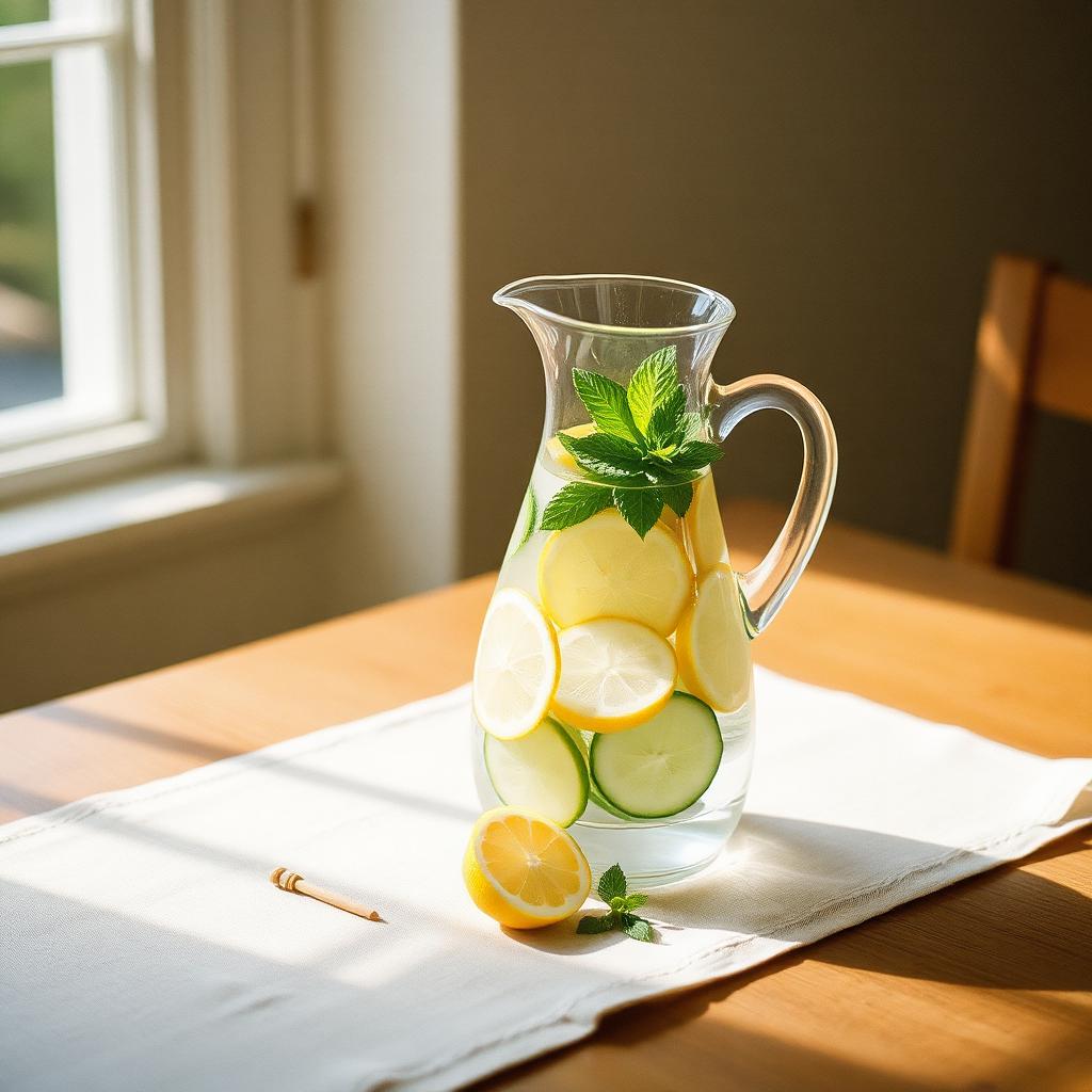 A glass carafe of water with lemon and mint on a linen-covered wooden table in warm morning light