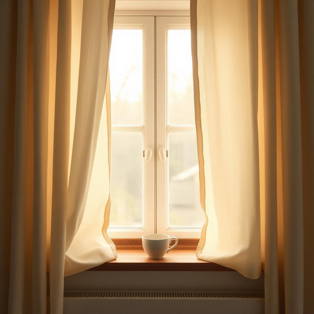 Soft morning light through linen curtains with a ceramic cup on a wooden windowsill