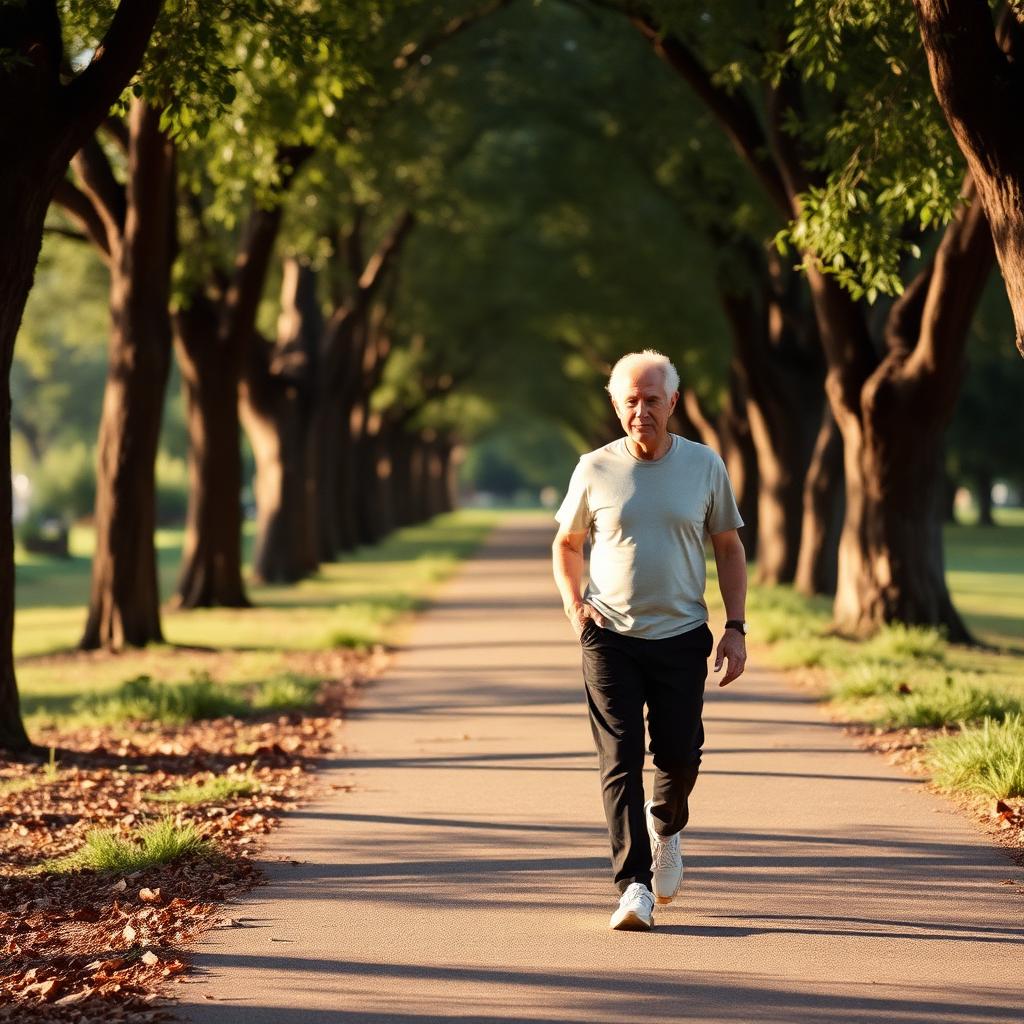 A person walking gently along a tree-lined path in warm afternoon light