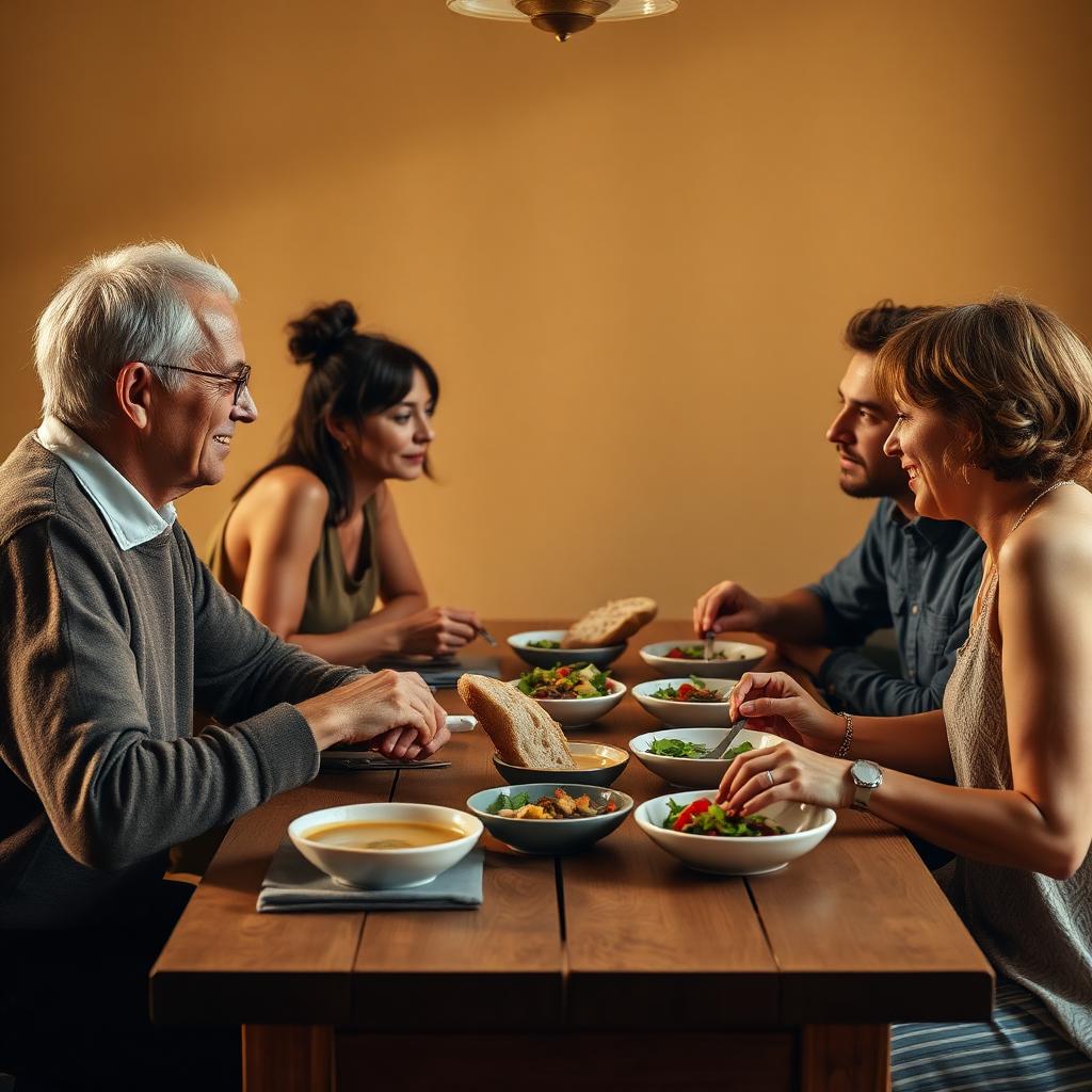 Adults sharing a simple meal of soup and bread at a wooden table in warm natural light