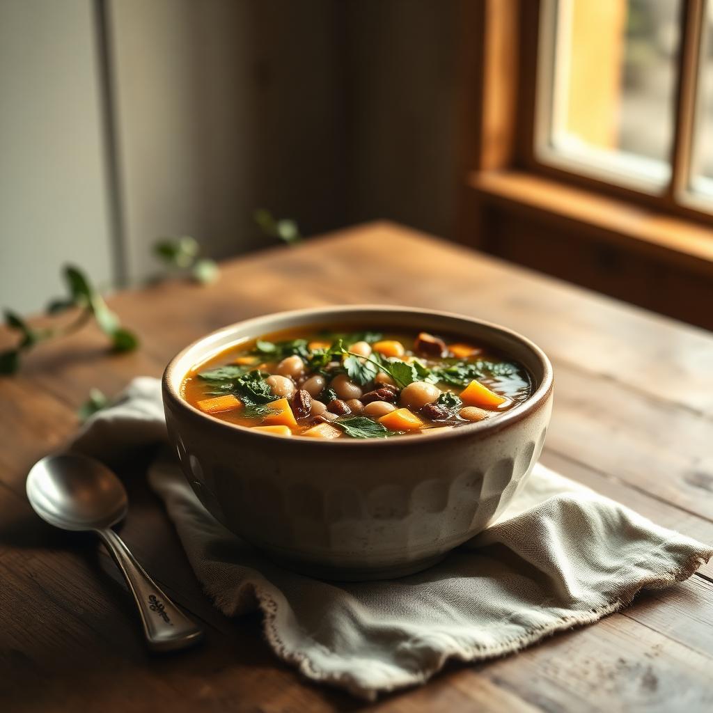 A rustic ceramic bowl of vegetable and bean soup on a wooden table with soft window light